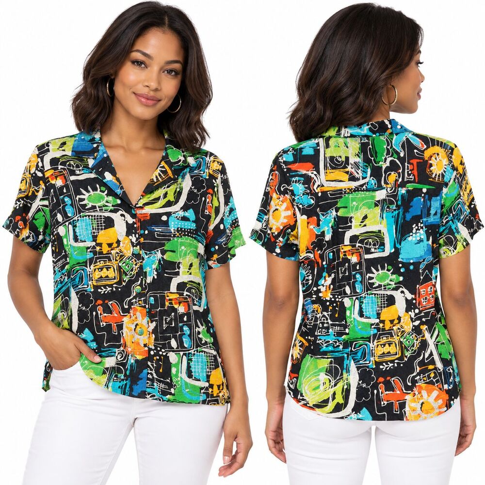 Jams World Women’s Medium Clash Abstract Hawaiian Honolulu Aloha Rayon Shirt Top